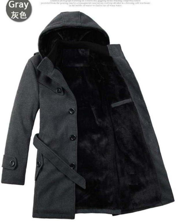 Mens wool blend trench coat warm lined hooded Casual Jacket peacoat ...