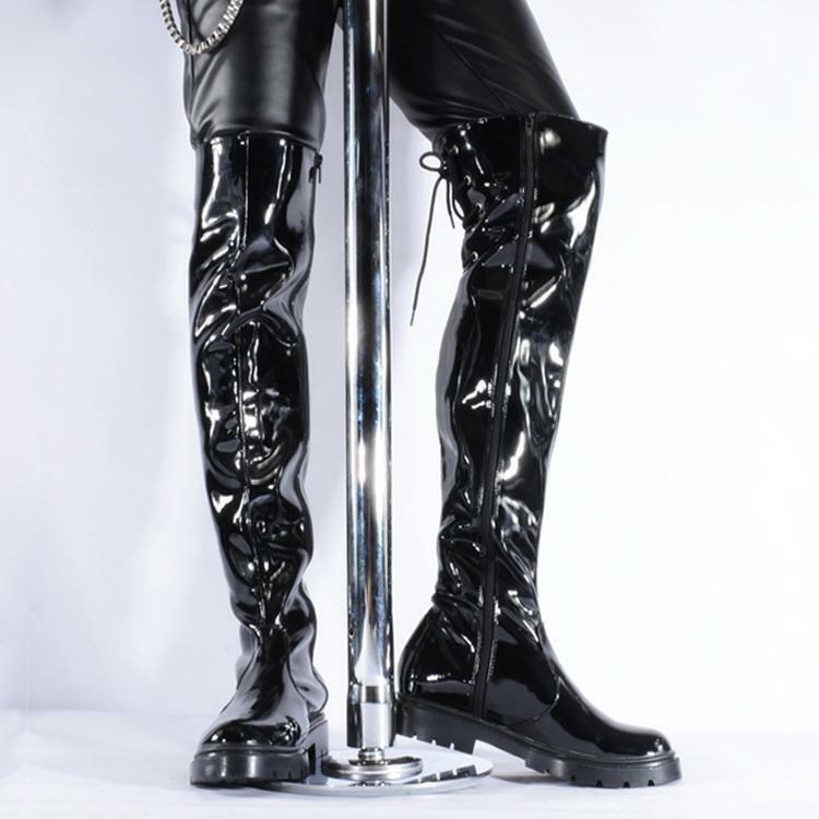 Sexy Mens patent leather zip Lace up Over knee Round toe thigh high Knight Boots