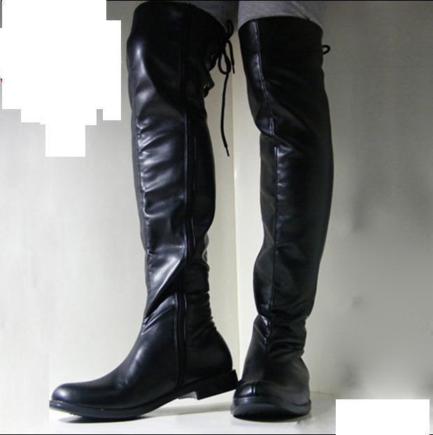 Men's Military boots patent leather zip up Over knee high Casual Boots