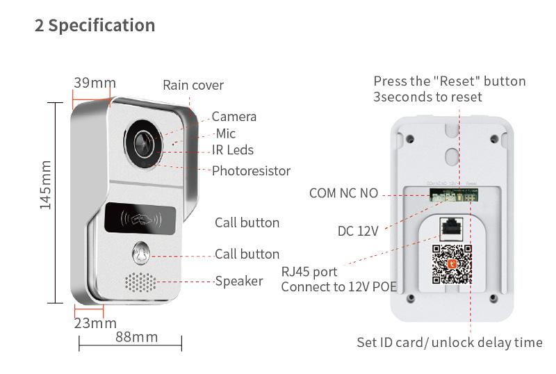 2MP Video Doorbell with PIR Motion Detection IR WIFI Wired app phone can Unlock